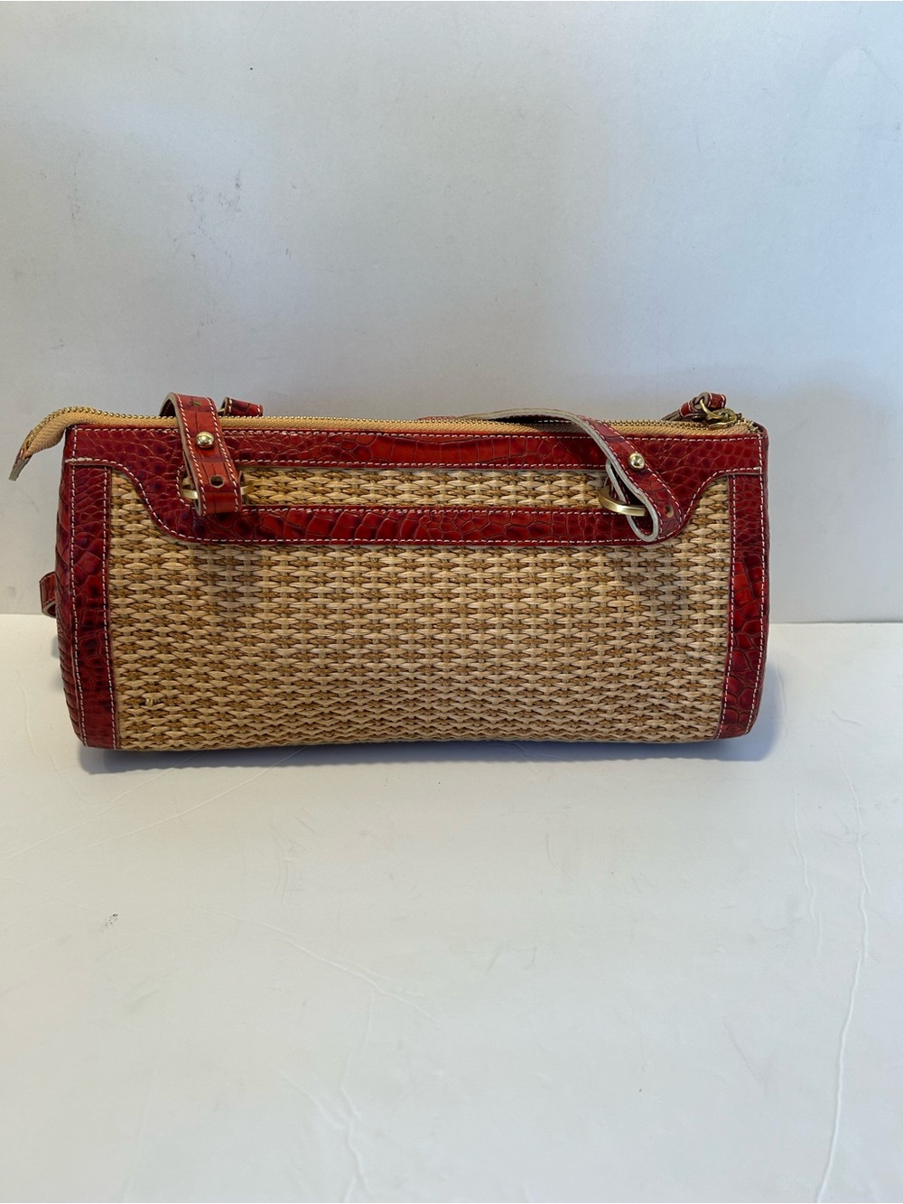 Brahmin Red-Trim Straw Shoulder Bag